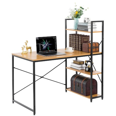 Wood And Metal Industrial Home Office Computer Desk With Bookshelves, Natural